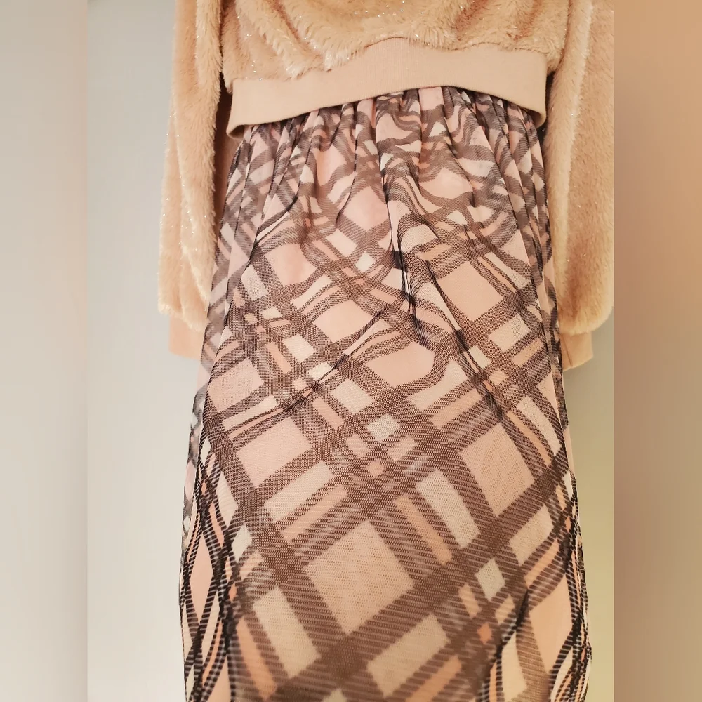 Knitworks Girls 2-Piece Dress Set - Faux Fur Crop Top & Plaid Skirt - Size 14